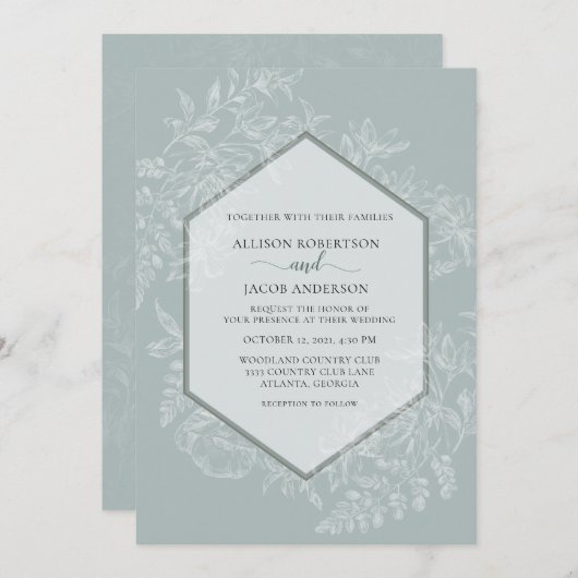 ソフトグリーン幾何フローラ結婚タペストリー 招待状 (正面/裏面)