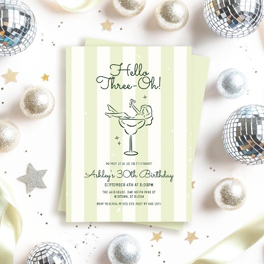 ソフトグリーン手描きカクテルグラス30歳の誕生日 招待状