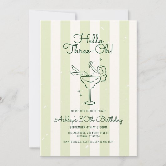 ソフトグリーン手描きカクテルグラス30歳の誕生日 招待状 (正面)