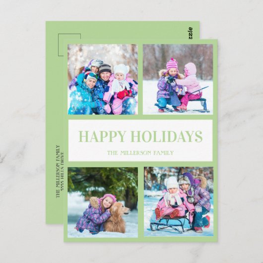 ソフトグリーン数々のフォトクリスマスホリデー挨拶 ポストカード (正面/裏面)