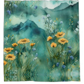 ソフトグリーン水彩風景野花 シャワーカーテン (正面)