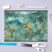 ソフトグリーン水彩風景野花 薄葉紙 (クラフト)