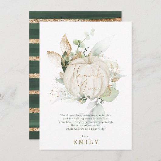 ソフトグリーン金ゴールドボタニカルカボチャブライダルシャワー サンキューカード (正面/裏面)