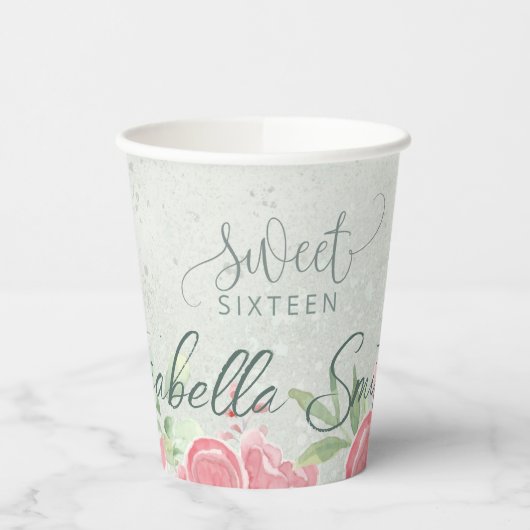 ソフトグリーン&ピンクグリッターフローラSweet sixteenバー 紙コップ (左)