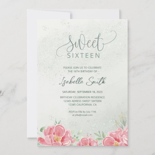ソフトグリーン&ピンクグリッター フラワースイート16誕生日 招待状 (正面)