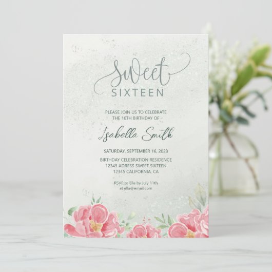 ソフトグリーン&ピンクグリッター フラワースイート16誕生日 招待状 (スタンド正面)