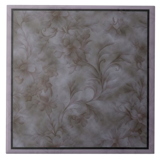 ソフトグレーおよびラベンダーフローラスクロールデザイン タイル (正面)