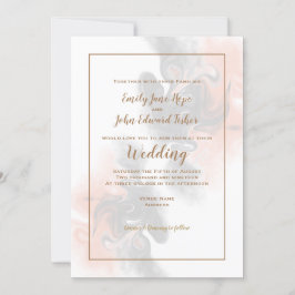 ソフトグレーとピーチスワール/金ゴールド結婚タイポグラフィ 招待状