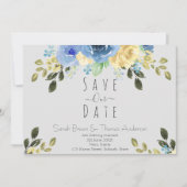 ソフトグレーの青と黄色のバラ 招待状 (正面)