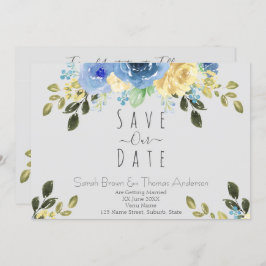 ソフトグレーの青と黄色のバラ 招待状