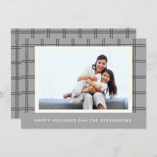 ソフトグレ素朴ーの格子状のカスタム写真クリスマスグレー シーズンカード (正面/裏面)