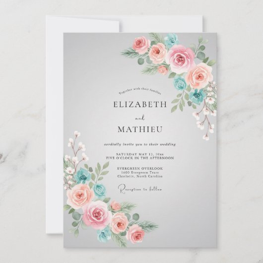 ソフトコーラルアクアペオニーの結婚式 招待状 (正面)