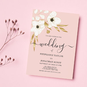 ソフトコーラルホワイトラグジュアリー金ゴールド結婚フローラ 招待状