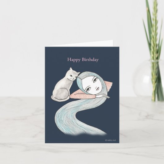 ソフトゴシックウィッチー誕生日ロングヘアガールと猫 カード (正面)