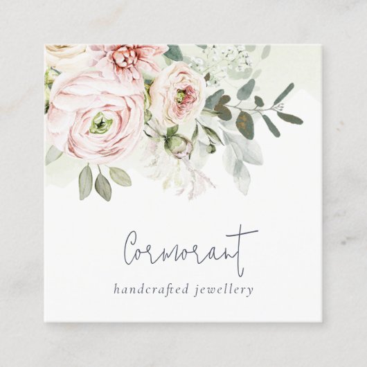 ソフトシック赤面ピンク牡丹リーフ植物フローラ スクエア名刺 (正面)