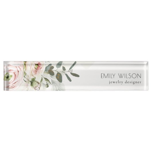 ソフトシック赤面ピンク牡丹リーフ植物フローラ デスクネームプレート (正面)