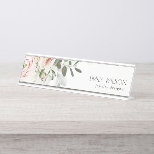 ソフトシック赤面ピンク牡丹リーフ植物フローラ デスクネームプレート (正面)