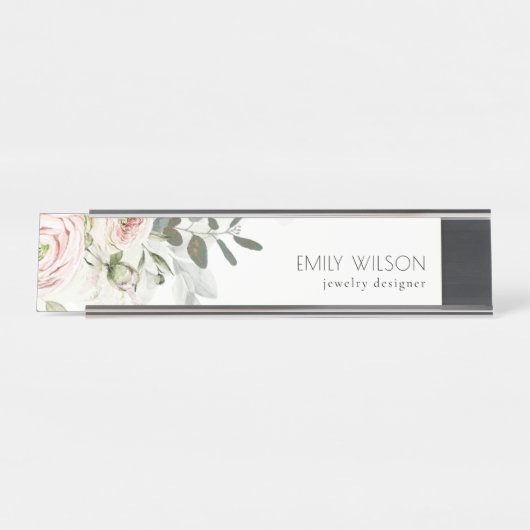 ソフトシック赤面ピンク牡丹リーフ植物フローラ デスクネームプレート (正面)