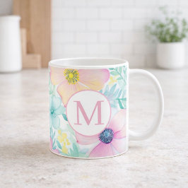 ソフトスプリングフラワーの水彩モノグラム コーヒーマグカップ