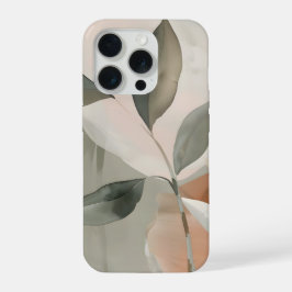 ソフトセージと淡紅の抽象的な植物画 iPhone 15 PROケース