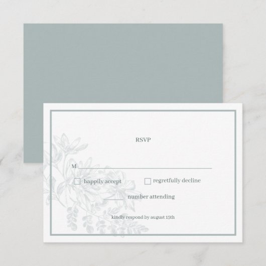 ソフトセージグリーンシンプルフローラウェディングRSVPカード 出欠カード (正面/裏面)