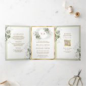 ソフトセージ緑のフローラ金ゴールド結婚すべて 三つ折り招待状 (内部)
