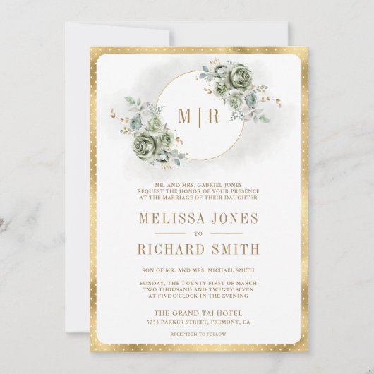 ソフトセージ緑のフローラ金ゴールド結婚すべて 招待状 (正面)