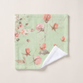 ソフトセージ緑の背景にピンクのパステルの花 バスタオルセット (ウォッシュタオル)