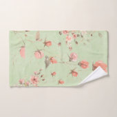 ソフトセージ緑の背景にピンクのパステルの花 バスタオルセット (ハンドタオル)