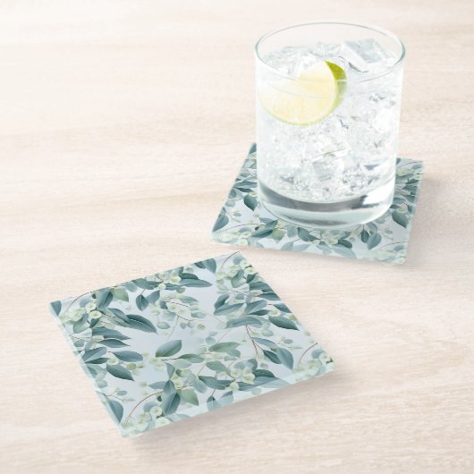 ソフトセージ緑ユーカリ水カラースタイル ガラスコースター (アングル)