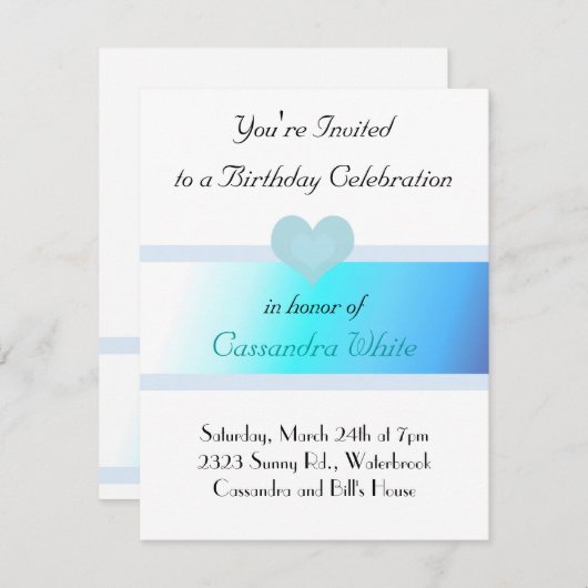 ソフトターコイズとブルー誕生日招待状 招待状 (正面/裏面)