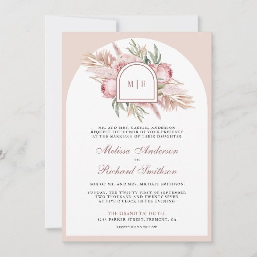 ソフトダスティバラピンクフローラパンパQRコード結婚ズ 招待状 (正面)