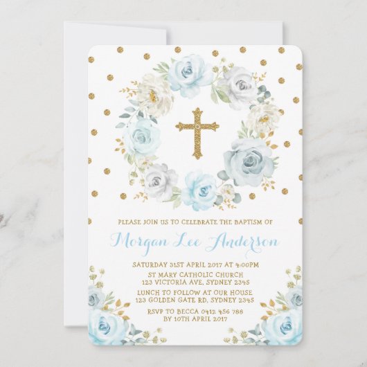 ソフトダスティブルー金ゴールドフローラバプテスマ《キリスト教》洗礼式や命名式 招待状 (正面)