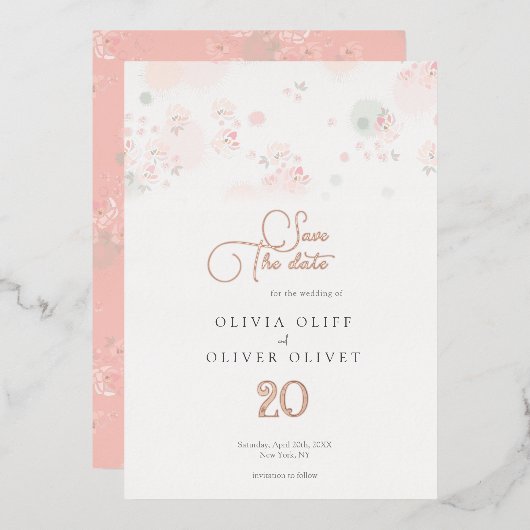 ソフトティーバラ結婚式日付を保存 箔招待状 (正面/裏面)