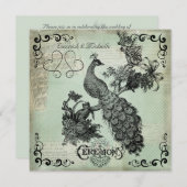 ソフトティール(緑がかった色)クロスハッチピーコック結婚式招待状 招待状 (正面/裏面)