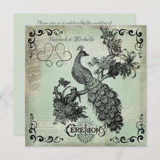 ソフトティール(緑がかった色)クロスハッチピーコック結婚式招待状 招待状 (正面/裏面)