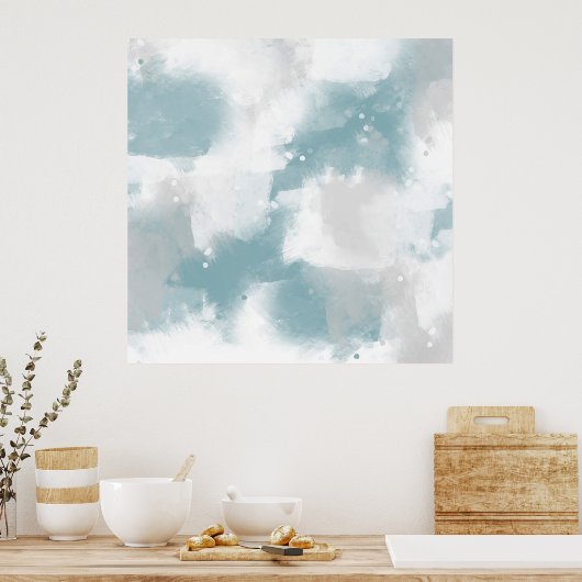 ソフトティール(緑がかった色)グレーとホワイト抽象芸術ブラシストローク ポスター (キッチン)