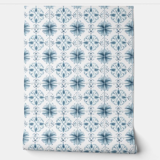 ソフトティール（緑がかった色）ブロッサムメドレプティ – ティール（緑がかった色），ホワイト 壁紙 (ほどく)