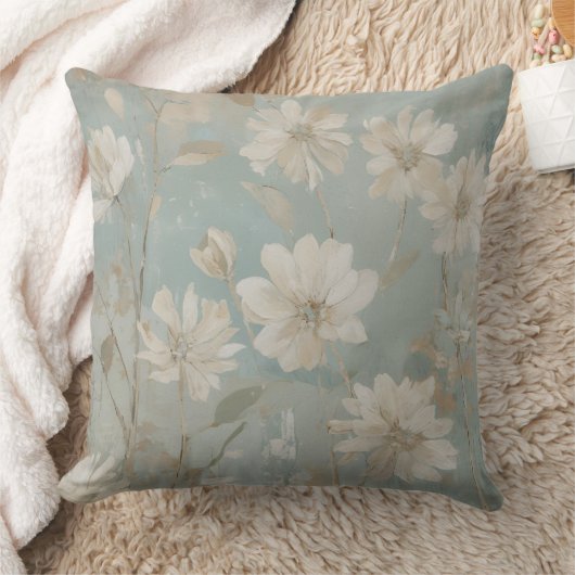 ソフトティール(緑がかった色)ベージュセージクリームフローラ クッション (ブランケット)