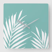 ソフトティール(緑がかった色)ホワイトパーム葉ズ スクエア壁時計 (正面)