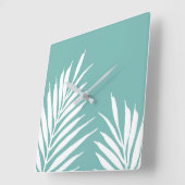 ソフトティール(緑がかった色)ホワイトパーム葉ズ スクエア壁時計 (傾斜)