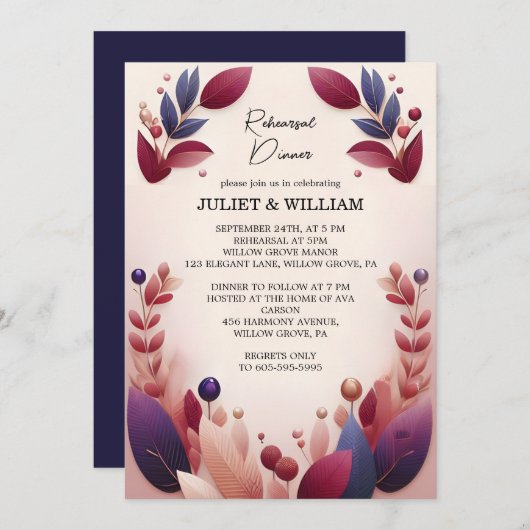 ソフトティール（緑がかった色）秋はっきりしたジュエルトーンリハーサルディナー 招待状 (正面/裏面)