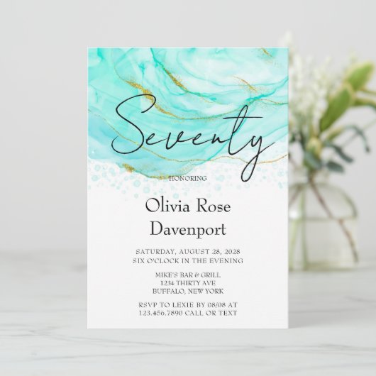 ソフトティール(緑がかった色)金ゴールドアルコールインク70th誕生日パーティー 招待状 (スタンド正面)