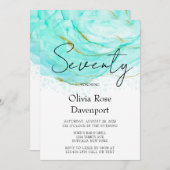 ソフトティール(緑がかった色)金ゴールドアルコールインク70th誕生日パーティー 招待状 (正面/裏面)