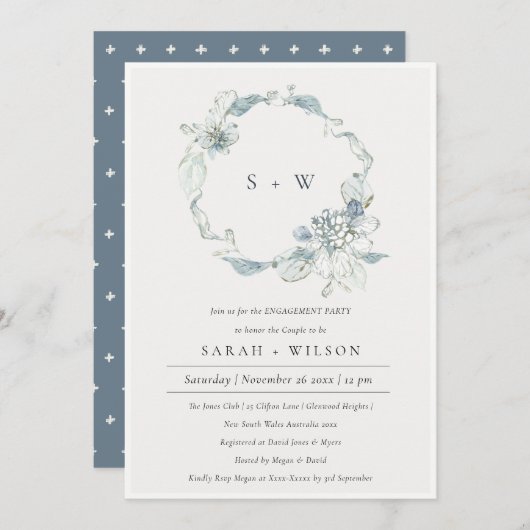 ソフトデュスキーブルーフローラリース婚約招待状 サンキューカード (正面/裏面)