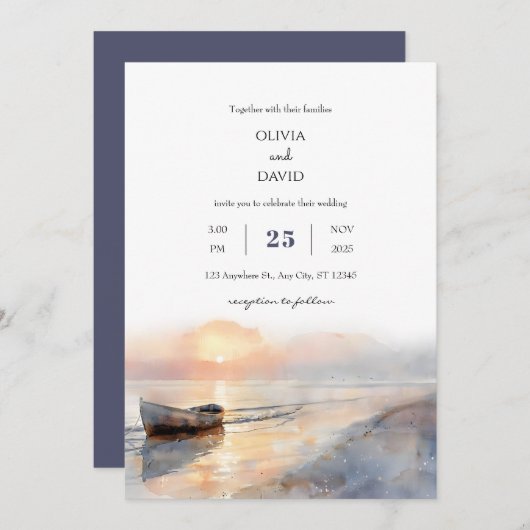 ソフトドーンウッドボートウォータービーチ結婚式 招待状 (正面/裏面)