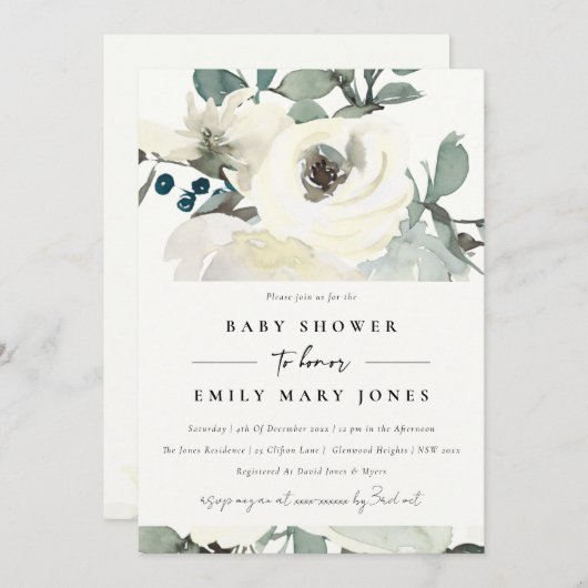 ソフトニュートラルアイボリーホワイトフローラバンチ赤ちゃんシャワー 招待状 (正面/裏面)