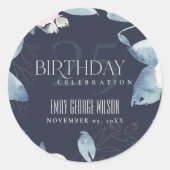ソフトネイビー赤面ブルーフローラ任意の年齢25誕生日 ラウンドシール (正面)