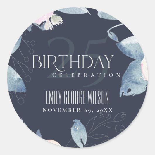 ソフトネイビー赤面ブルーフローラ任意の年齢25誕生日 ラウンドシール (正面)