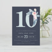 ソフトネイビー赤面ブルーフローラ10TH ANY AGE誕生日 招待状 (スタンド正面)